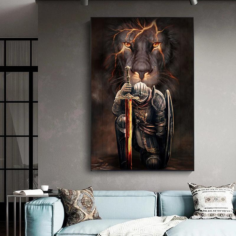Плакат с изображением рыцаря Христианский лев и доспехи веры Картина на холсте Художественная картина Подарки на Пасху Декор для гостиной Домашний декор Без рамки