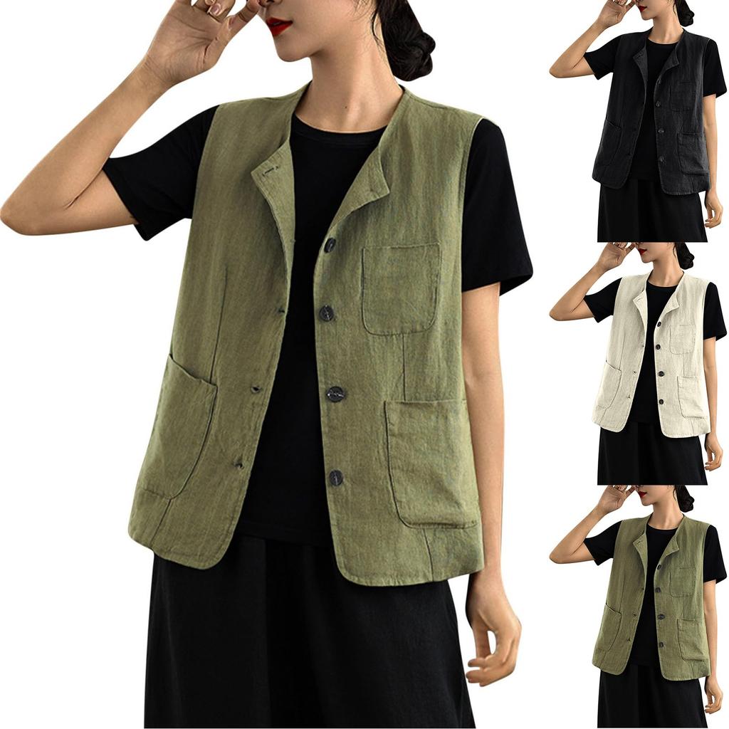 Womens Cotton Linen Vest Casual Sleeveless Coat Cardigans Lightweight Jacket Waistcoat Top