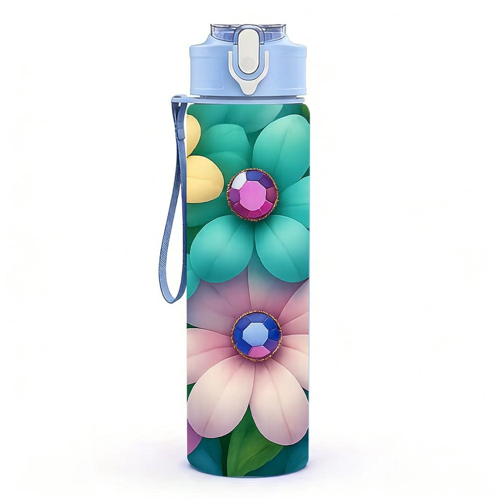 1PC Multicolor Lotus Flower Group Print 750ml Color Plastic Sports Water Bottle Leakproof Flip Straw Lid Suitable for Sports Office Home Use