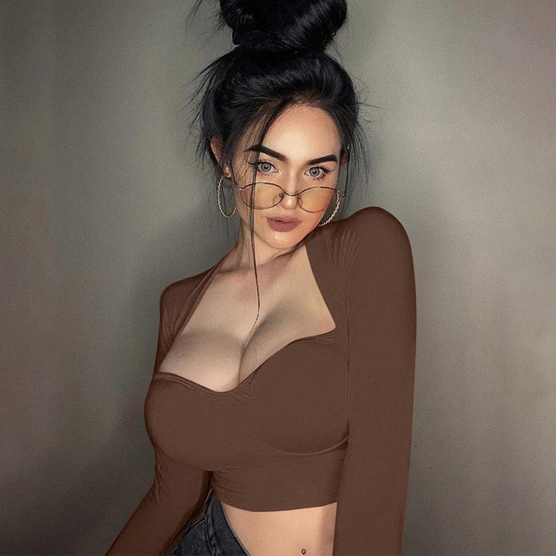 Женский сетчатый топ Y2K, укороченный топ с длинными рукавами и квадратным вырезом, однотонные белые топы с крючками в стиле гранж, сексуальная коричневая футболка, одежда