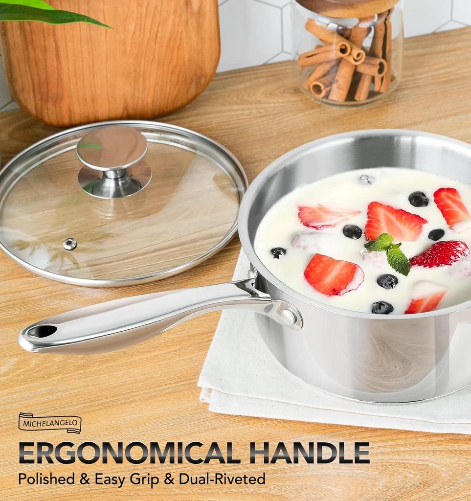MICHELANGELO Stainless Steel Saucepan Set with Lid, Triple Bottom Stainless Steel Base, Scald-proof Double Rivet Handles
