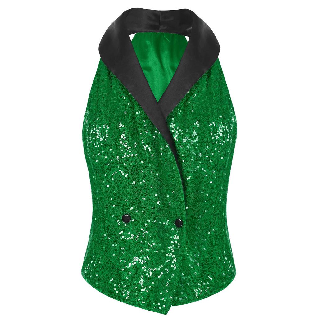 Женская блестящая блузка с пайетками, V-образный вырез, лацканы, дизайн без рукавов, застежка на кнопки спереди, нарядный топ