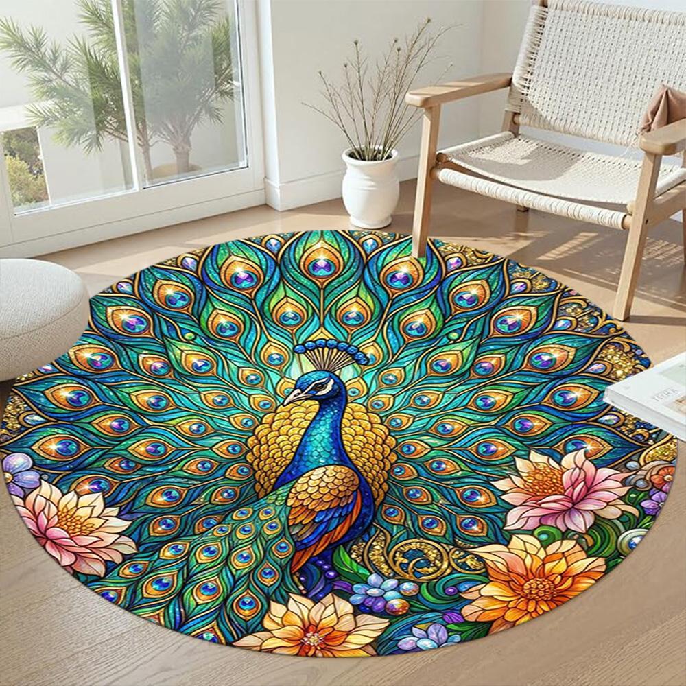 Peacock Round Area Rug Perfect for Balcony Outdoor Foyer Kitchen Anti-slip Round Rug Office home decor Spiritual Gift