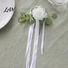 Weather Resistant Car Decor Wedding Door Handle Flower with Ribbon Tie And Green Leaves, White Artificial Photo Prop Rose Rearview Mirror Bouquet for