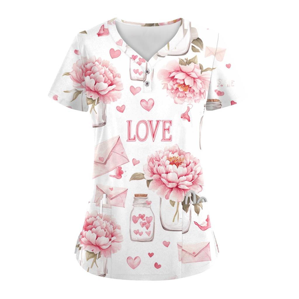 Женские модные повседневные топы с V-образным вырезом на пуговицах и принтом ко Дню святого Валентина, топы для кормящих мам, топы-халаты для женщин, 2 кармана