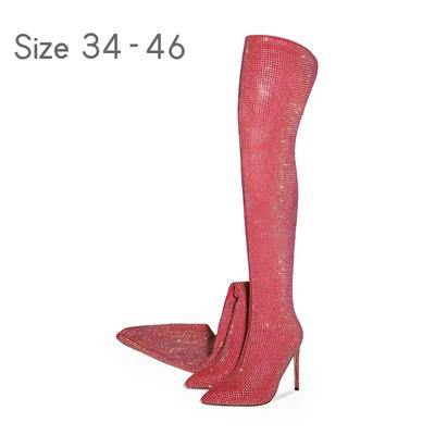 Модные серебристо-черные ботфорты на высоком каблуке 12 см, новая коллекция, блестящие бриллиантовые остроносые женские ботфорты выше колена, размер 34-46