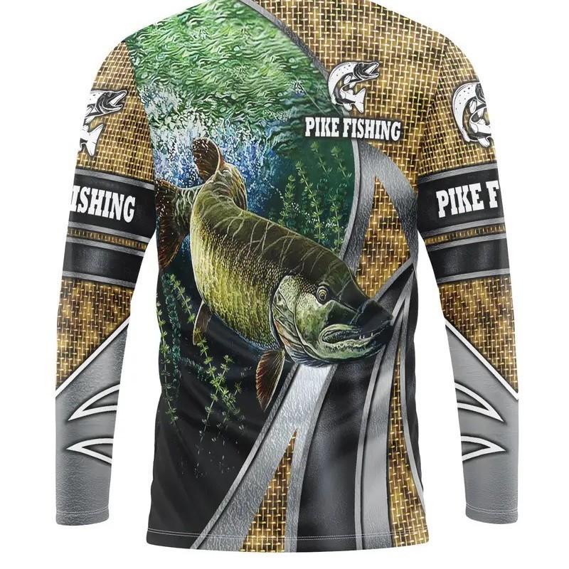 Mens Pike Fishing Print Long Sleeve UPF Sun Protection Tee Outdoor Hiking Cycling Running
