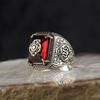 Retro Handmade Turkish Signet Ring For Men Women Ancient Silver Color Carved Eagle Ring Inlaid Red Zircon Punk Motor Biker Ring