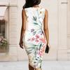 Women Plus Size Asymmetric O Ring Strap Sleeveless Bodycon Midi Dress Green Floral Printed