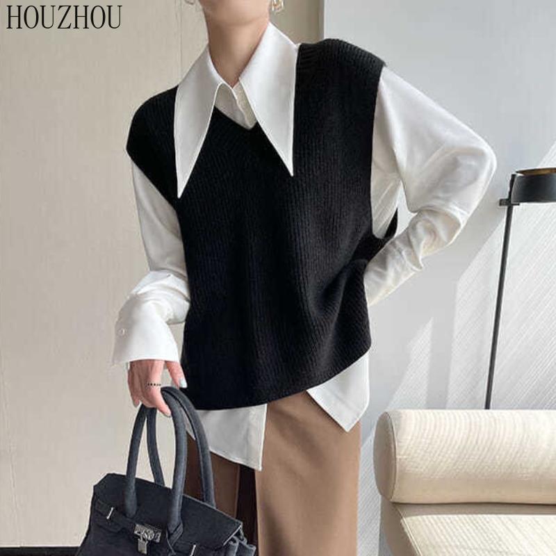 HOUZHOU Шикарная женская рубашка с острым воротником, корейская элегантная ретро-элегантная женская классическая блузка для поездок на работу