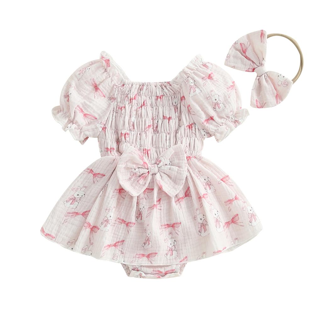 Пасхальное платье-комбинезон для девочек с принтом кролика, короткими рукавами-фонариками, присборенным комбинезоном с бантом на голове