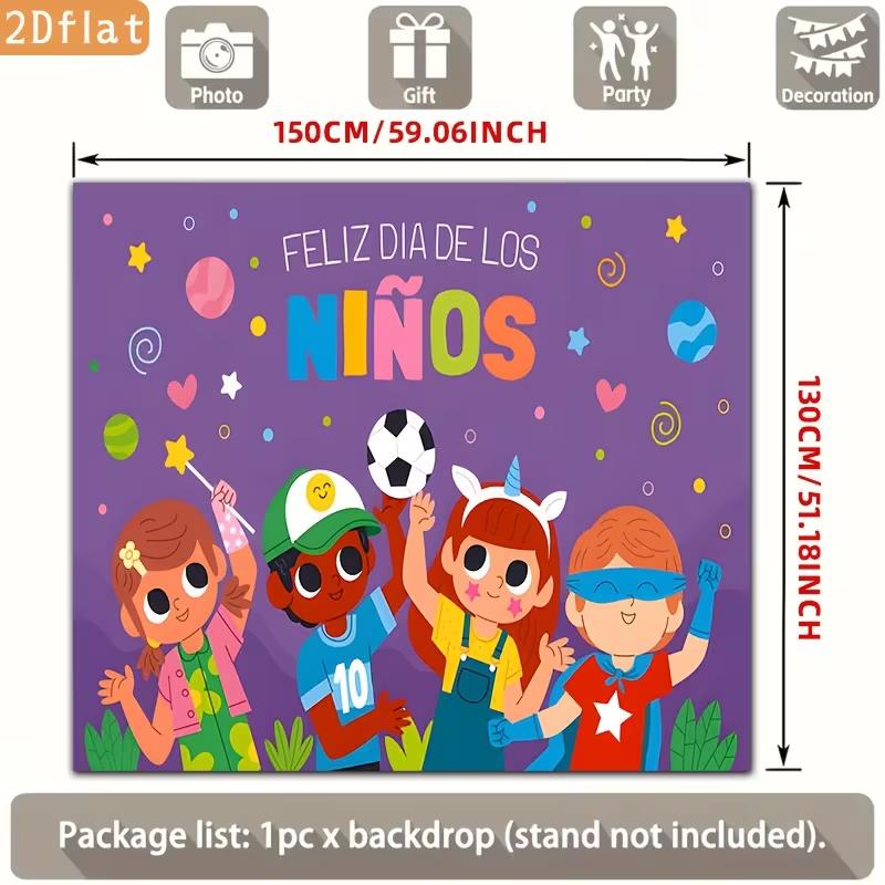 2D Feliz Dia De Los Ninos Backdrop, Happy Children's Day Cartoon Kids Photography Background Banner