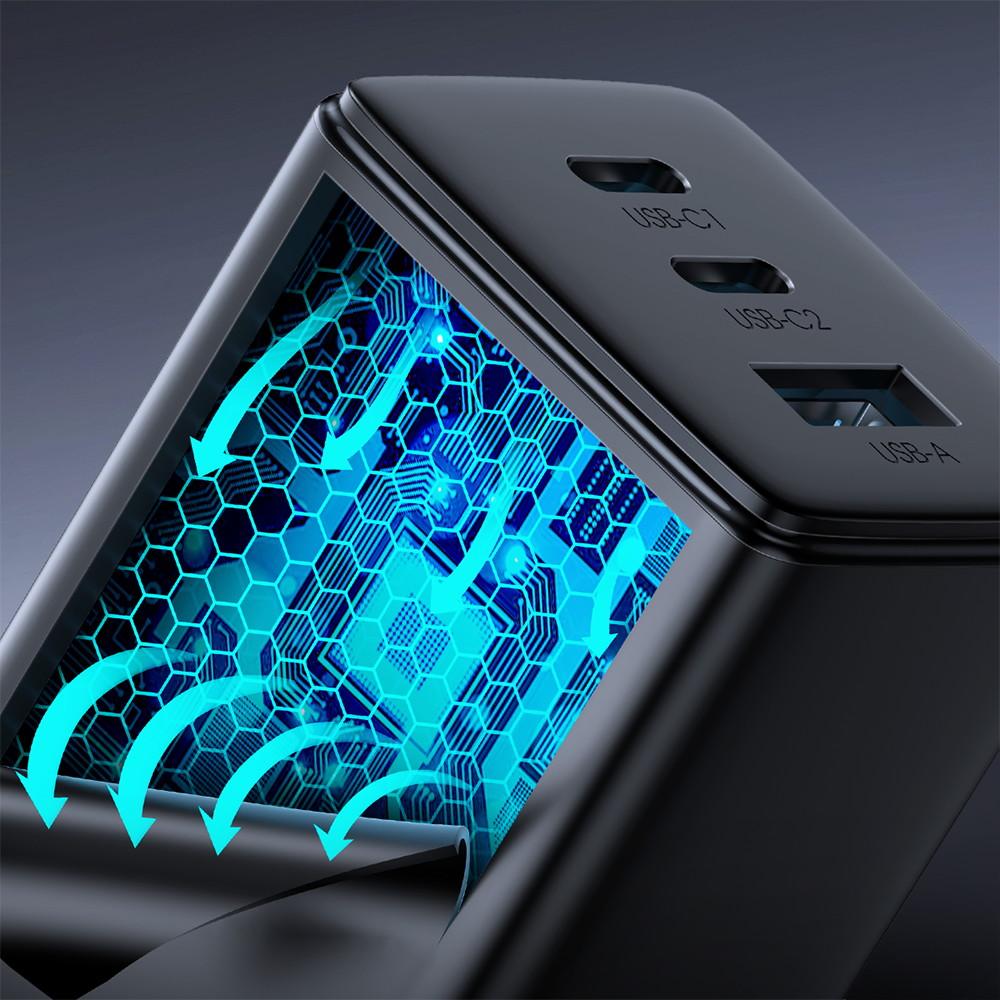 Joyroom 65W GaN Triple-Port Fast Charger with Dual USB-C & USB-A, Includes 100W USB-C Cable (1.2m, Black)