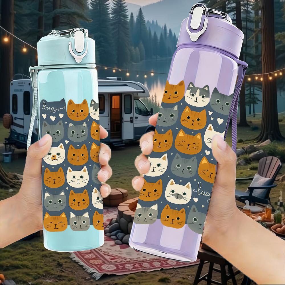 1PC Cartoon Cat Grid Layout 750ml Color Plastic Sports Water Bottle Leakproof Flip Straw Lid For Sports Office Home Use