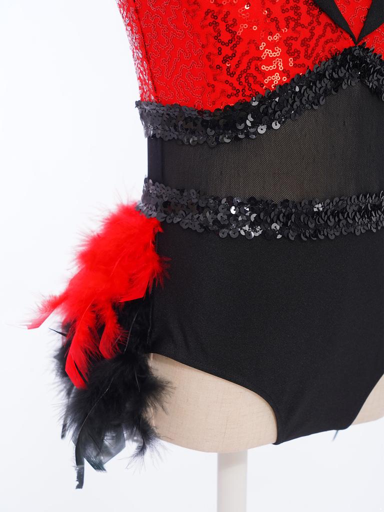 Girls Dance Costume Turn-Down Collar Sleeveless Sheer Mesh Keyhole Back Shiny Sequins Feather