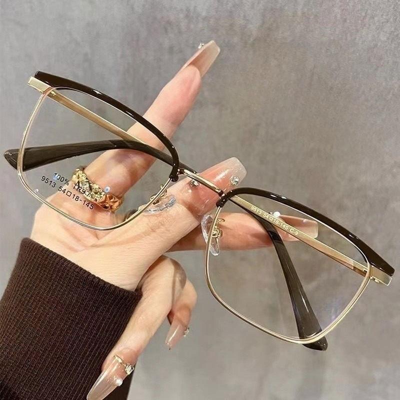 Men's and Women's Metal Half-Frame Plain Glasses Fashionable Square-Frame High-Definition Anti-blue Light Glasses Eye Protection