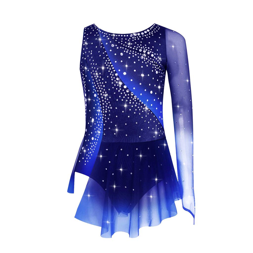 Girls Lyrical Dance Dress Round Neck Asymmetrical Split Shiny Rhinestones Contrast Color Figure Skating Gymnastics Gown