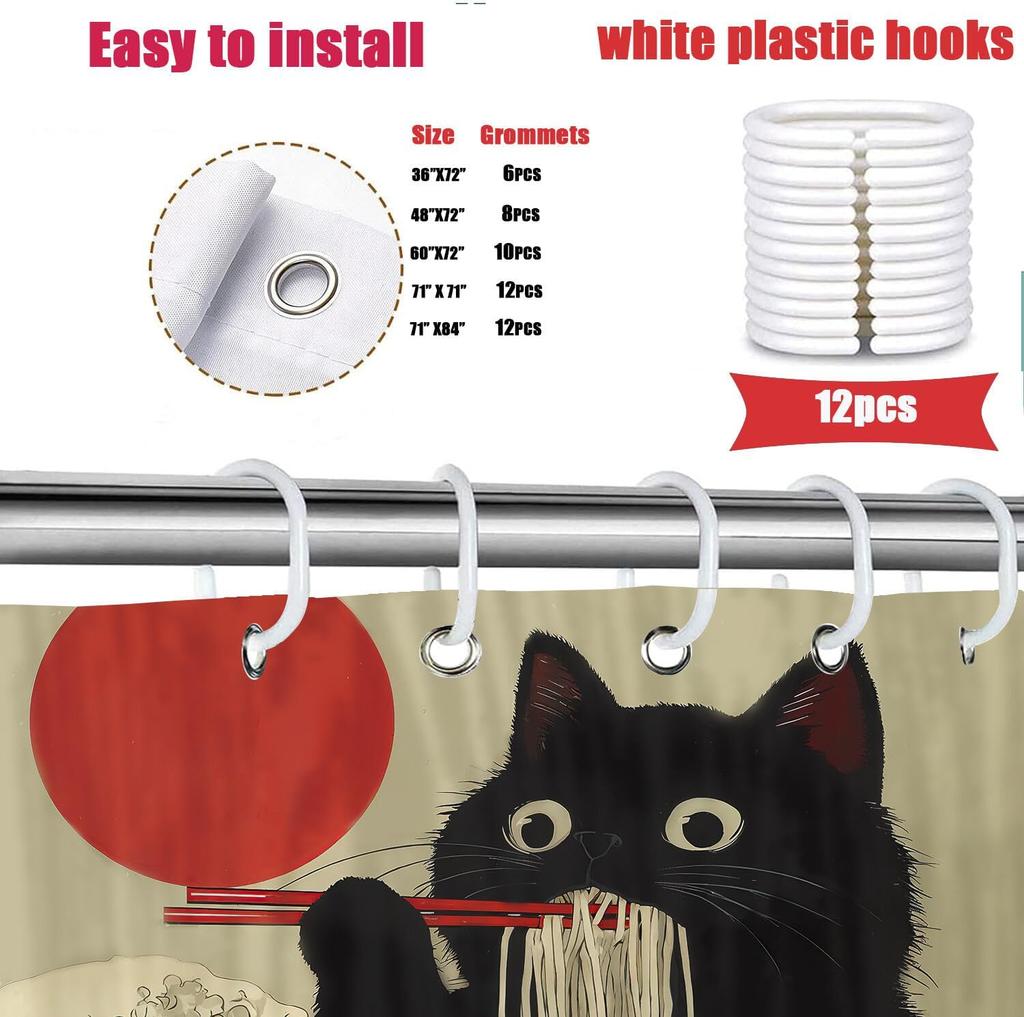 Funny Japanese Cat Shower Curtain Vintage Fun Cool Cute Black Cat Art Shower Curtain Asian Japan Sunset Anime Ocean Wave Unique