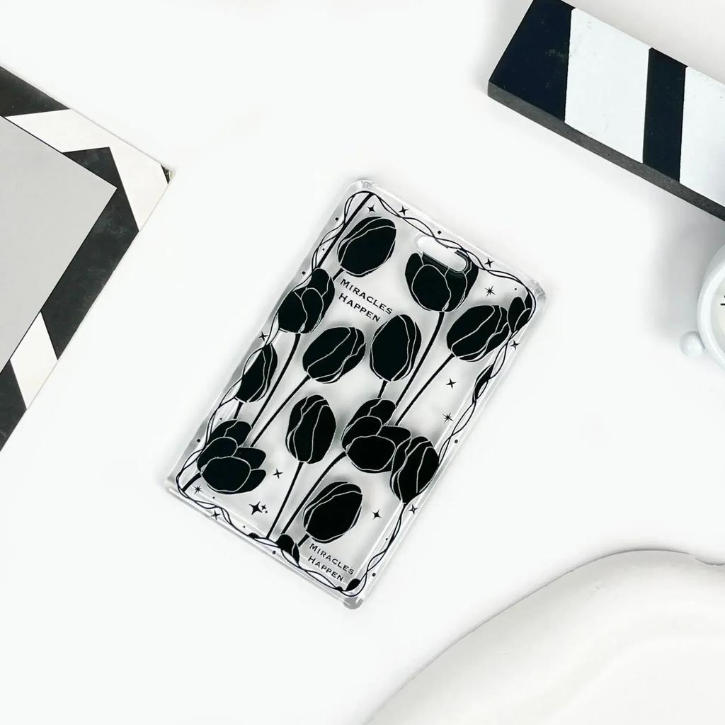 Чехол для карт с черным цветком, прозрачный держатель для студенческой карты, чехол для карты контроля доступа, чехол для карты на пружине, держатель для удостоверения личности