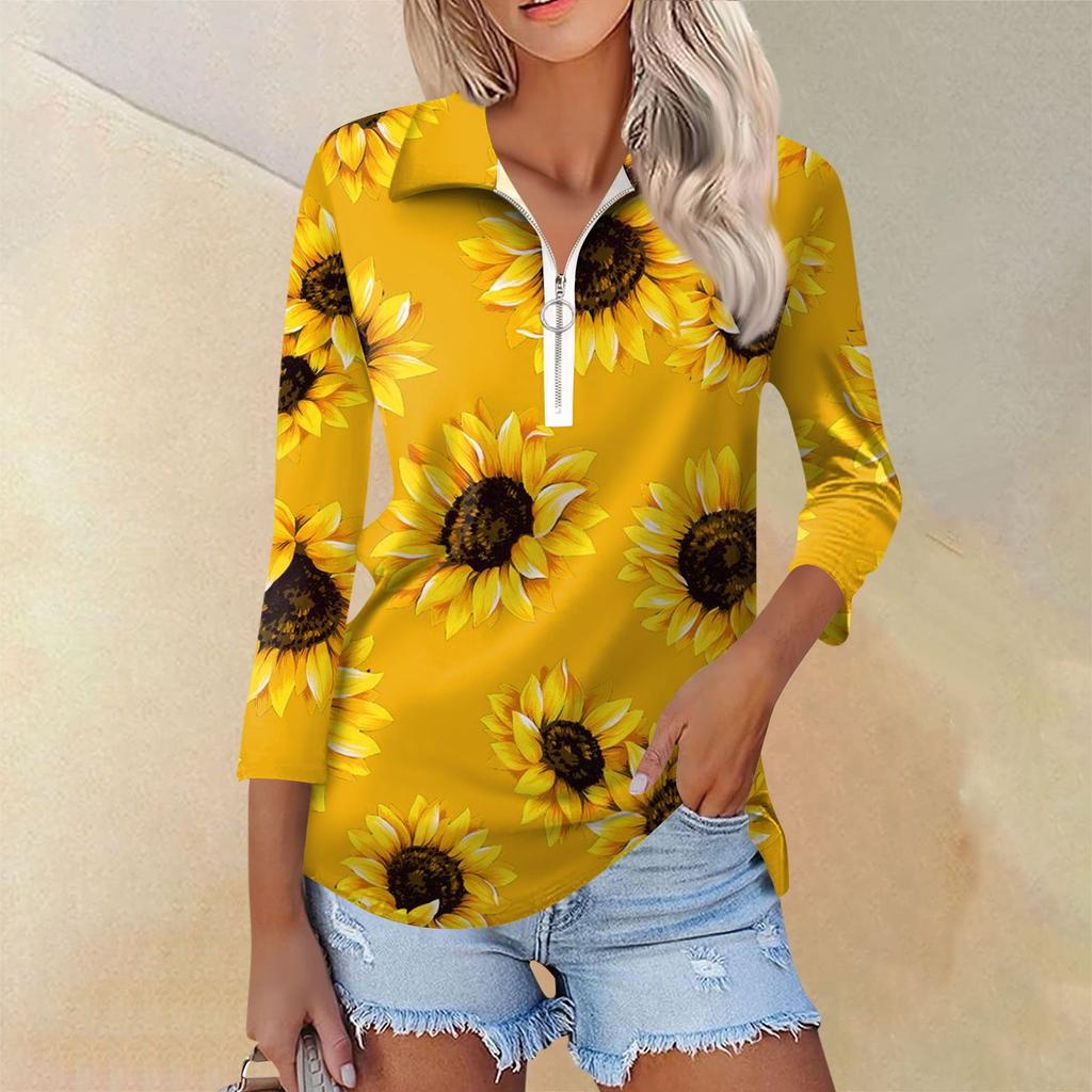 Женская повседневная футболка с v-образным вырезом и семью рукавами, пуловер с половиной молнии и принтом подсолнечника