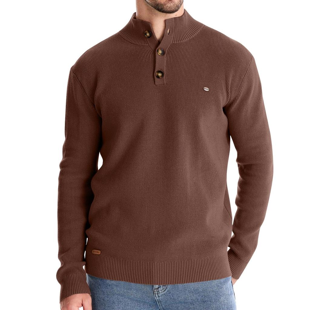 Men's Winter Solid Color Stand Collar Button Slim Fit Long Sleeve Casual Sweater Top