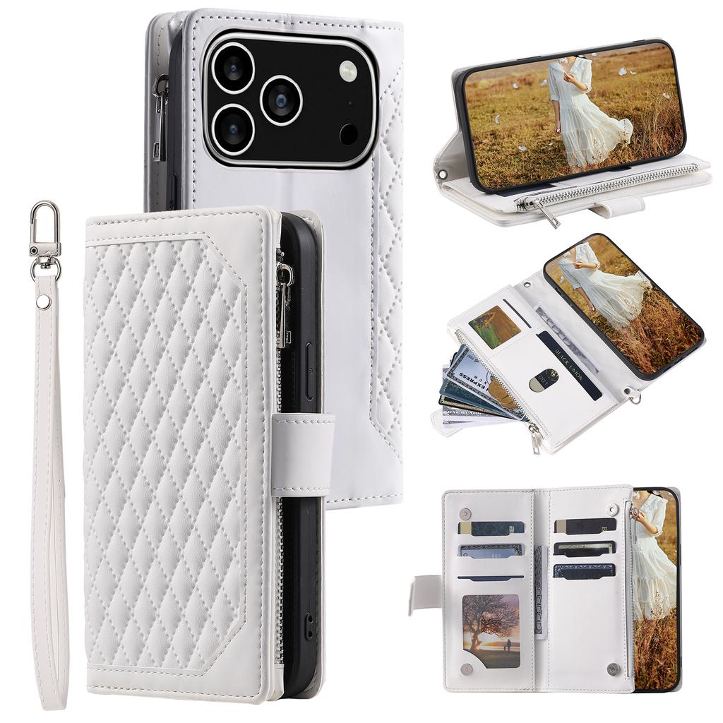 For iPhone 17 Pro Wallet Case Rhombus Stitching Line PU Leather Phone Cover with Wrist Strap