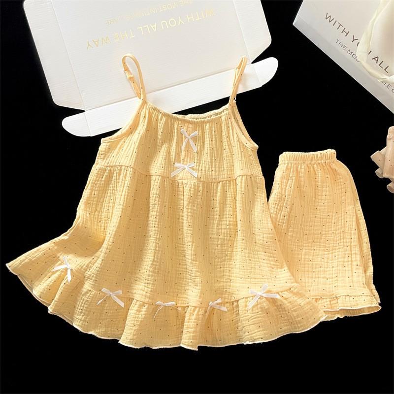 2026 Girls Cotton Pajama Set Lightweight Sleepwear Cartoon Print Tank Top Shorts Two Piece Home Outfit