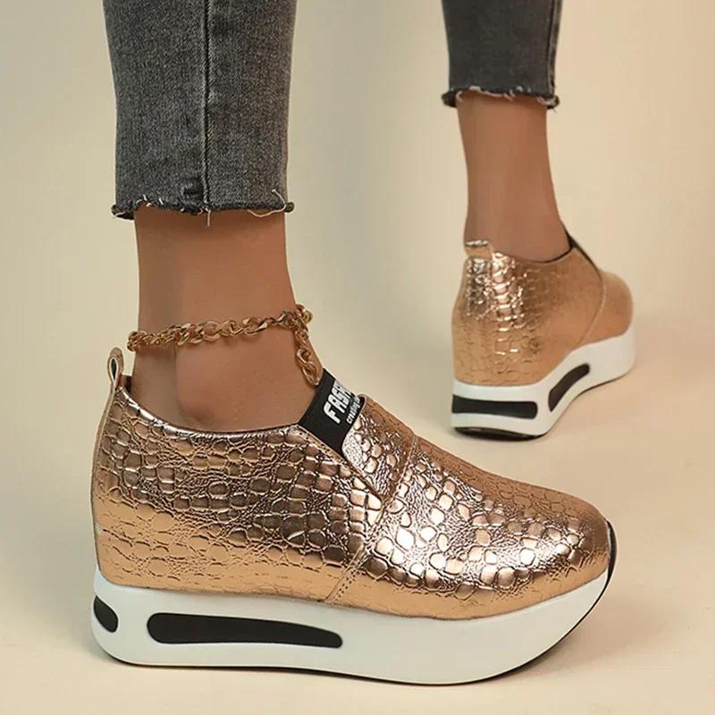 Кожаные лоферы на танкетке для женщин, новые кроссовки на платформе, увеличивающие рост, женская легкая повседневная обувь без шнуровки 803