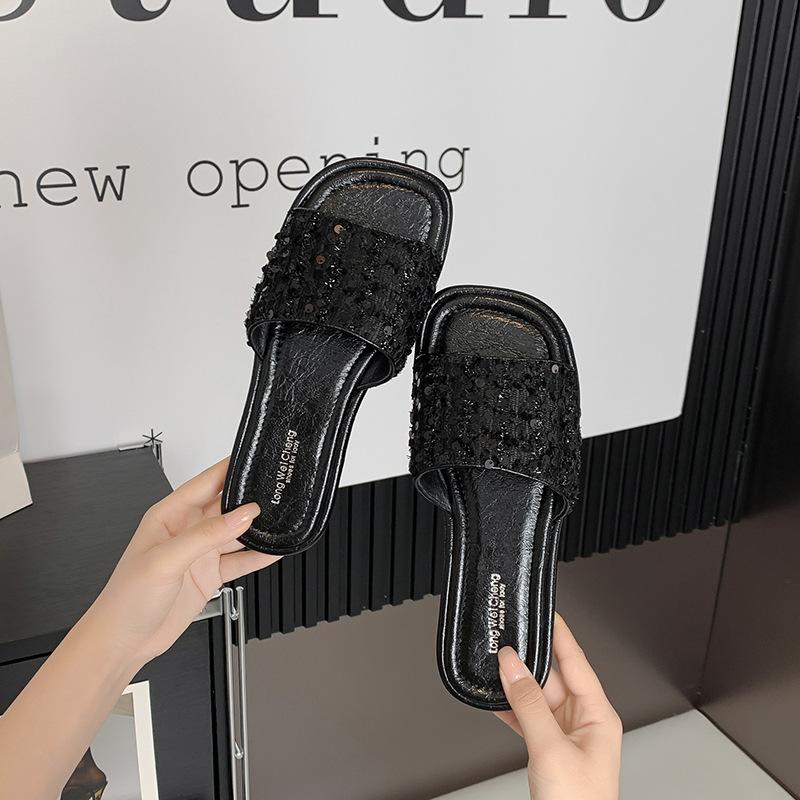 Мода 2025 Блестящие туфли с пайетками Женские шлепанцы Летние серебристые тапочки Слипоны Слайды Женские босоножки с открытым носком Сандалии Женские Тапочки