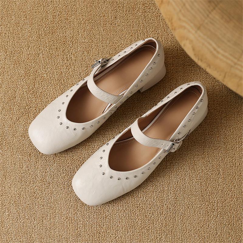 Fashion New Spring/summer Genuine Leather Mary Jane Shoes for Women Fashion Rivet Square Toe Shoes Women Pumps Chunky Heels Black