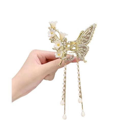 Hair Claw Long Fringe Faux Pearls Butterflies Decor Hair Clips Women Girls Hairstyles Home Outdoor Playing Hair Decoration
