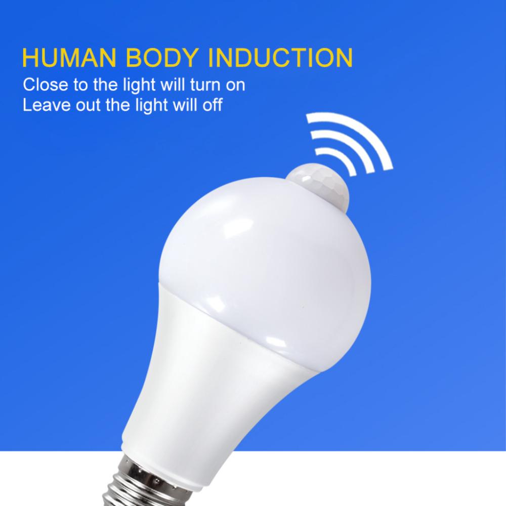 Светодиодная лампа E27 с датчиком движения PIR и функцией автоматического включения/выключения, доступна в вариантах мощности 9 Вт–20 Вт, с белым и теплым светом