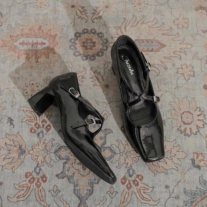 Cross-buckle 2025 spring new Mary Jane women's shoes square head retro silver thick heel light mouth versatile French single shoes