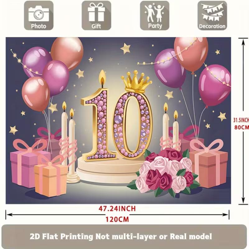 2D Pink Gold 10th Birthday Backdrop with Candles, Roses & Gift Boxes Party Banner