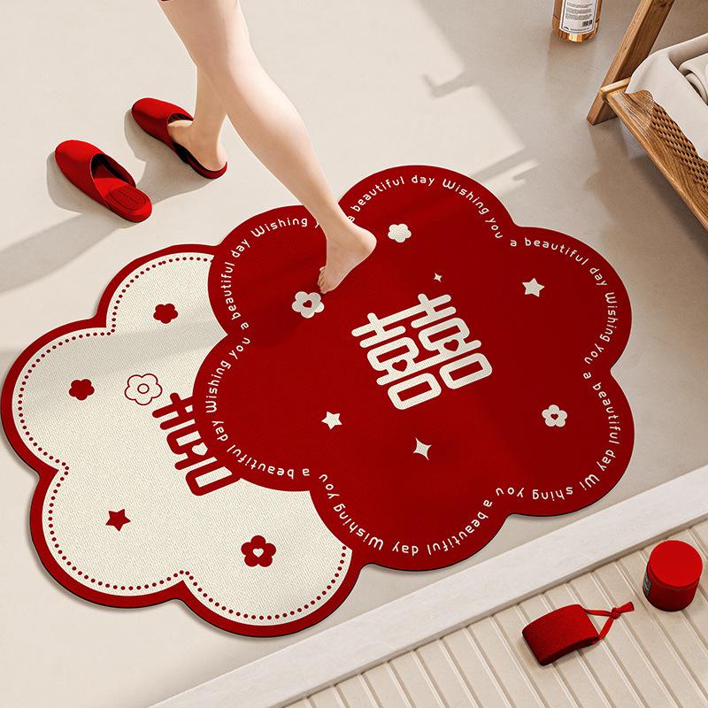 Свадебный коврик для пола в ванной комнате Нескользящий и противокапельный Диатомовый грязевой абсорбирующий коврик для ног Коврик под дверь туалета Красный праздничный ковер