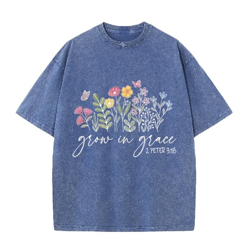 Retro Christian Faith T Shirt Grow In Grace Floral Washed Casual Short Sleeve