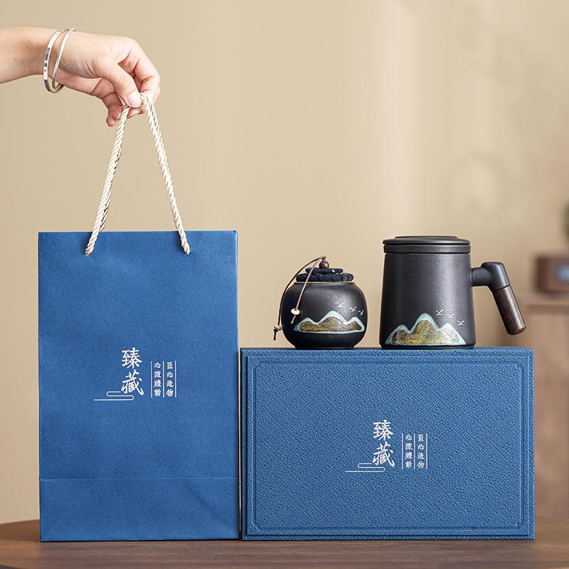 High-end annual meeting souvenir coarse pottery retro office cup new Chinese style Qingshan flying bird Kuaike cup tea set