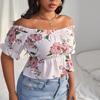 Плюс Размер Женский Сексуальный Воротник Одной Линии Темперамент Цветочный Короткий Рукав Короткий Топ
