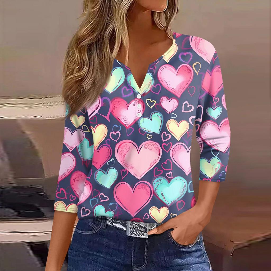 Женская футболка с принтом ко Дню святого Валентина, на пуговицах, рукав 3/4, туника, повседневная мода на выходные, базовый топ с V-образным вырезом