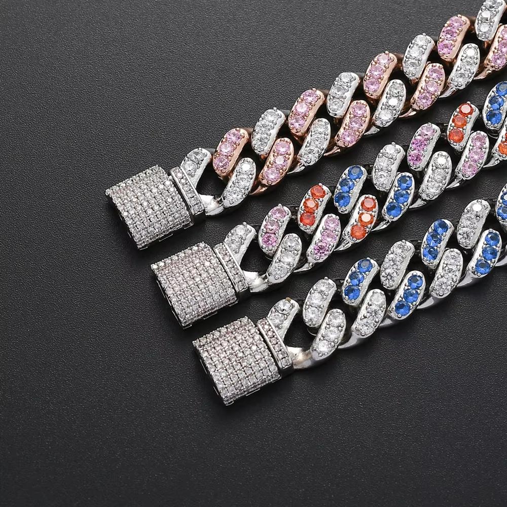 12mm Two Tone Iced Out Pink and Silver CZ Cuban Link Bracelet Hip Hop Jewelry for Women Men in Stock Ready to Ship