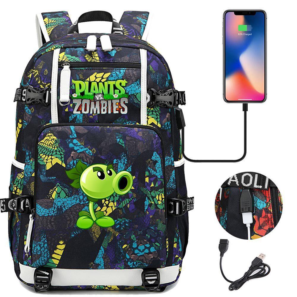 Double Shooter Plant USB Teen Student Backpack Unisex Casual Travel Rucksack