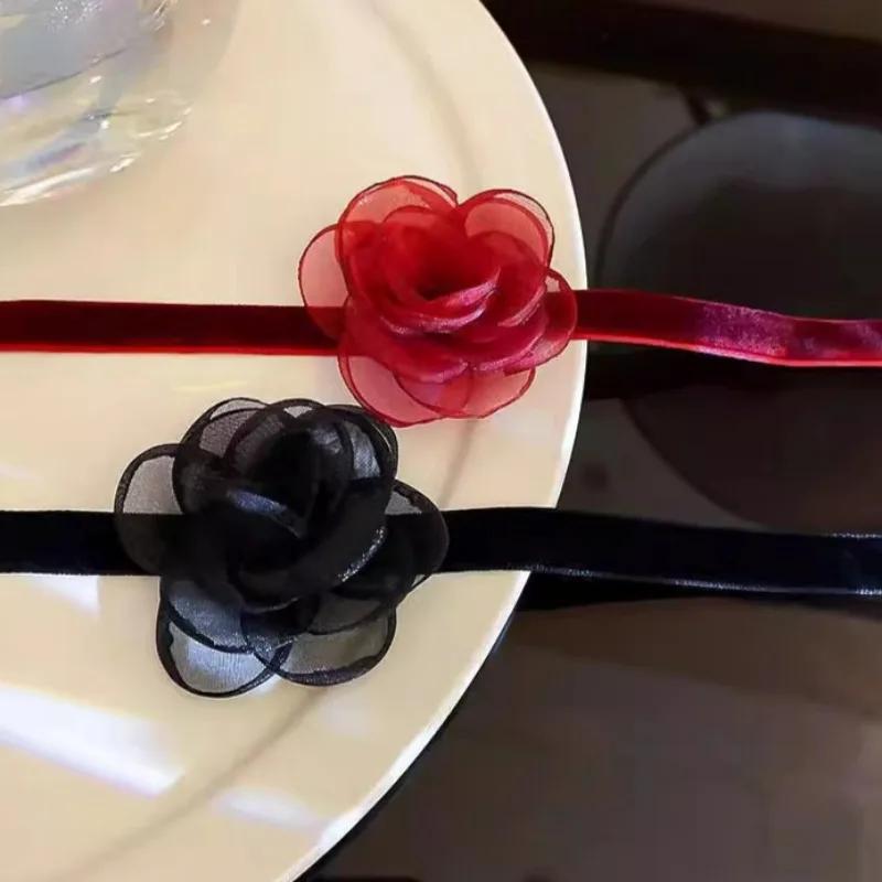 Lady Elegant Mesh Flower Necklace Women Comfortable Red Black Neck Ornaments Girls Lightweight Rose Necklace Party Gift Giving