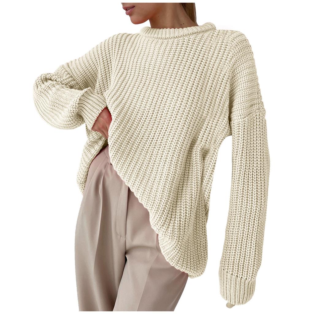 Fashion Women's Solid Color Long Sleeve Loose Round Neck Knitted Sweater Top