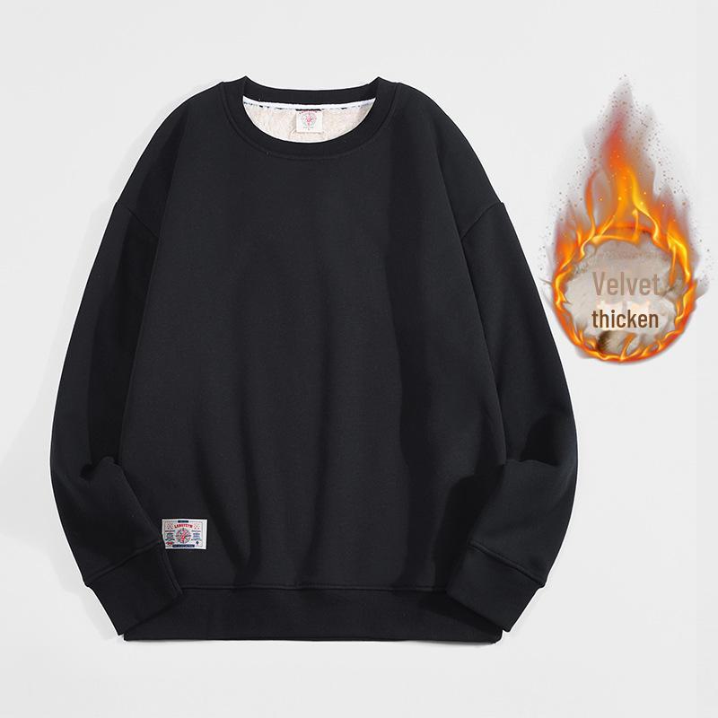 Унисекс-свитшот с круглым вырезом на флисовой подкладке: Теплая, толстая внутренняя часть из овчины, свободный крой, однотонный цвет для осени и зимы.