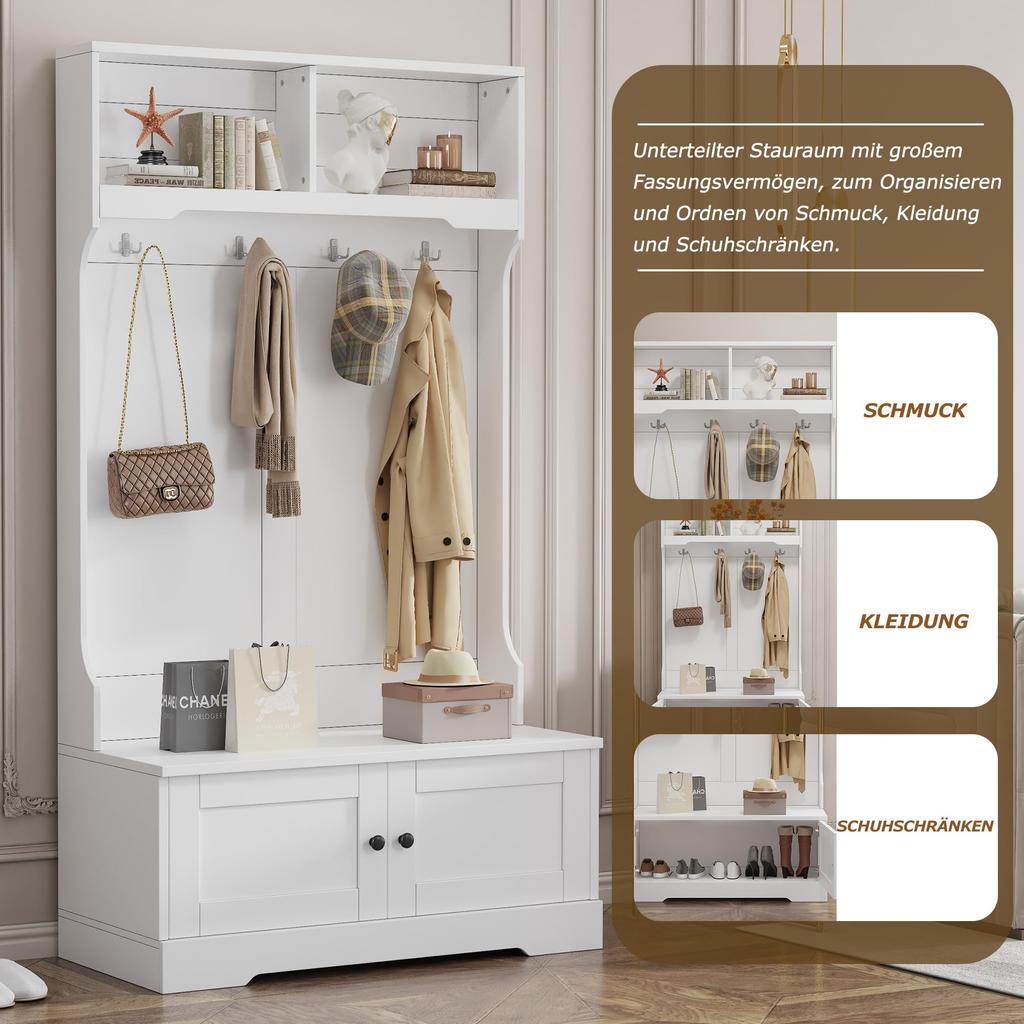 Комплект для прихожей, Современный комплект для прихожей 4 крючка для одежды, обувница, скамья для обуви, открытая полка, шкаф для прихожей, Белый