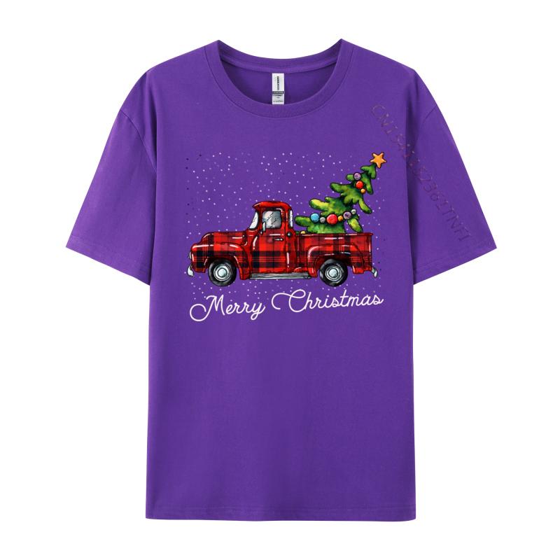 Crafty Merry Christmas Tree On Red Plaid Pickup T-Shirt Men Round-Neck Camisas Casual Tshirt Soft Cotton Fit Tee