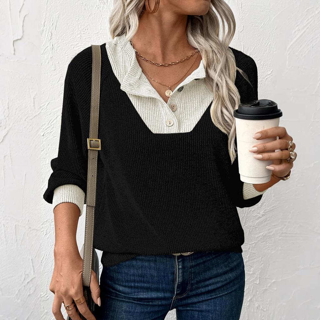 Women's Pullover Lapel Sweatshirt Fashionable Stitching Contrast Color Top