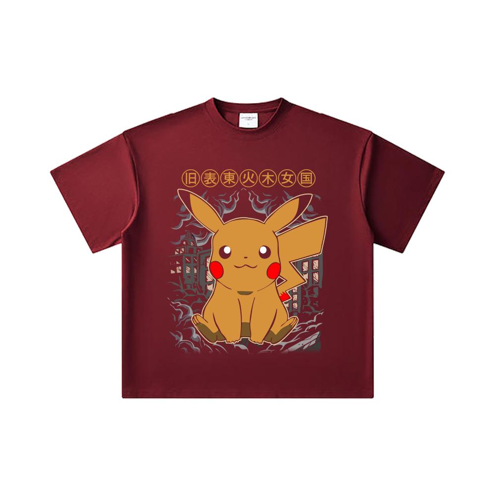 Хлопковая футболка унисекс с принтом Пикачу Pokemon V22, плотность 260 г/м², двойная пряжа, 32 нити, 100% хлопок