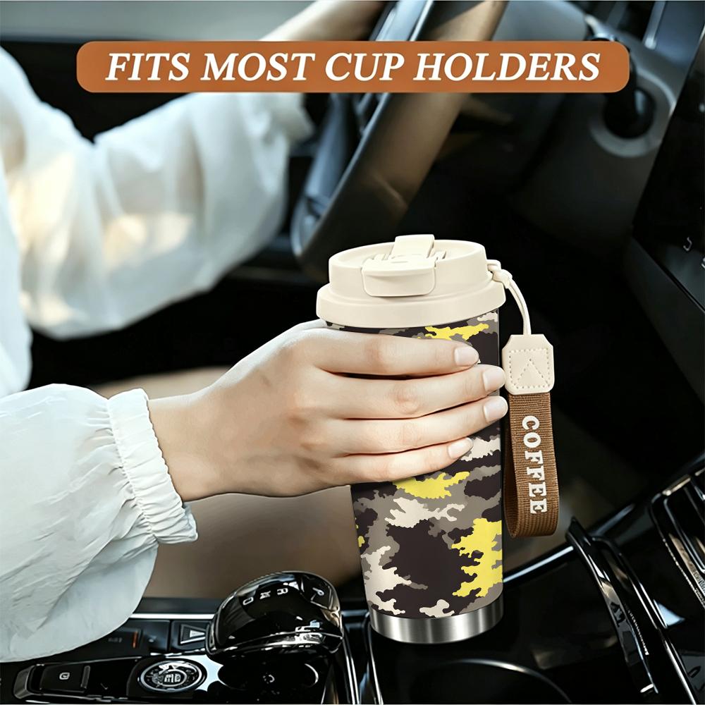Yellow Grey Camouflage Print Insulated Coffee Tumbler Walled Vacuum Thermal Cup Leakproof Travel Mug for Commuting Hiking Outdoor Gift