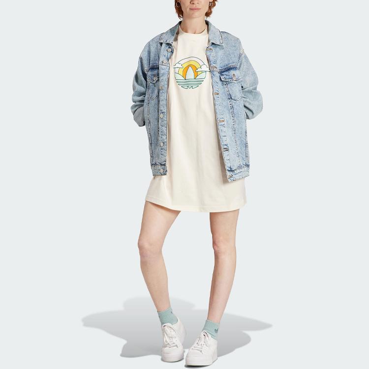 adidas Оригинальное платье-футболка с трилистником, мультяшный логотип, спортивный, удобный, повседневный, с круглым вырезом, коротким рукавом, женские платья Wonder-White IN4138